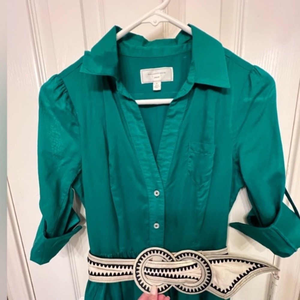 Anthro Moulin Sours 100% Cotton Kelly Green Button Down A-Line Shirt Dress - Picture 7 of 12
